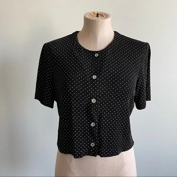 VINTAGE Ronni Nicole Black Polka Dot Crop Button Down Shirt - Picture 2 of 10